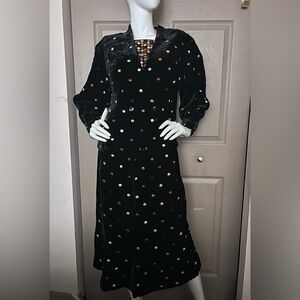 Unique Vintage Black Velvet Dress with Multicolor Polka Dots